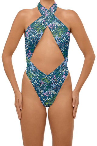C1040# COBUNNY Deep Plunge Backless Halter High Cut One Piece Swimsuit
