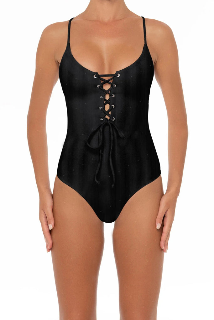 A295# Indigo Blue Solid All Over Binding V Neck One Piece Swimsuit *
