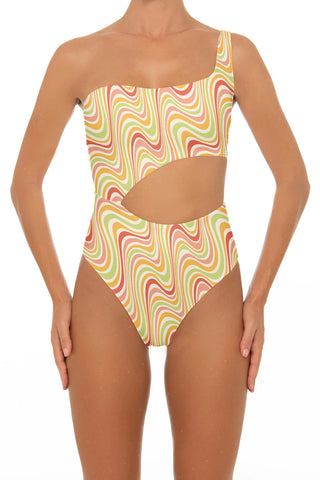 C1004# Geometric Patterns One Shoulder High Cut One Piece Swimsuit
