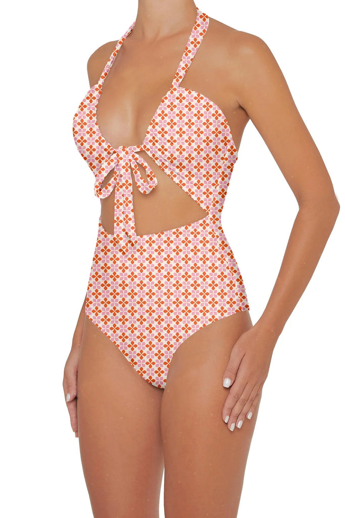 C1019# Solid Color String Cut Out One Piece Swimsuit *