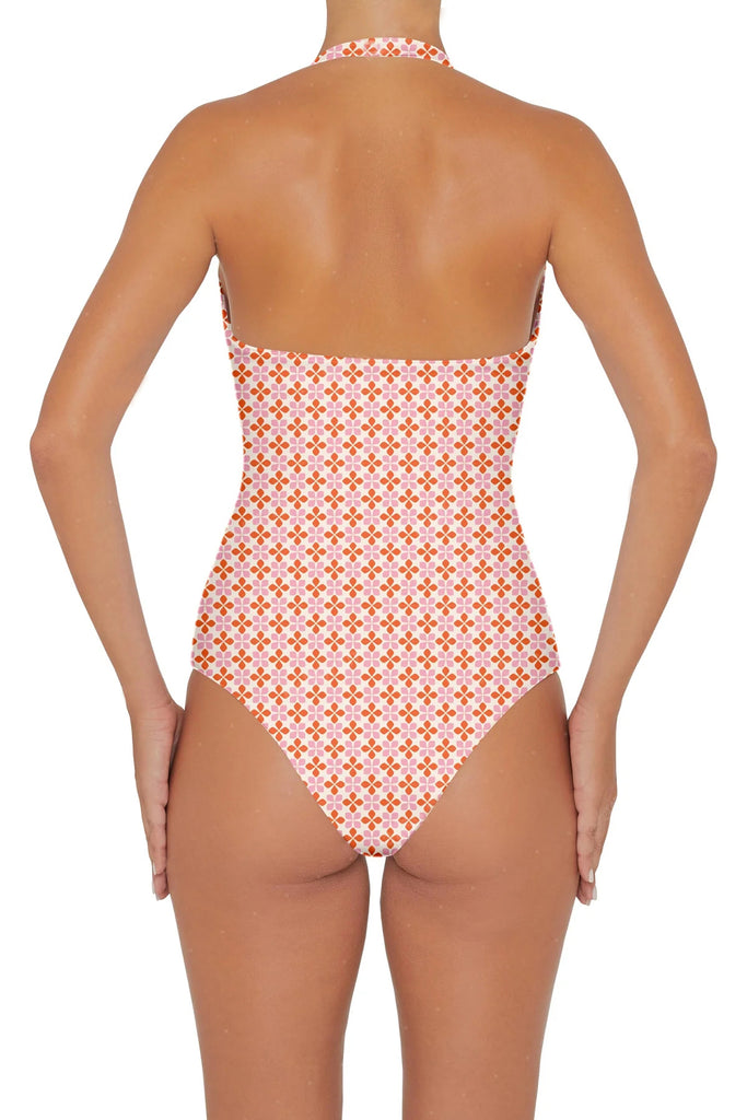 C1019# Solid Color String Cut Out One Piece Swimsuit *