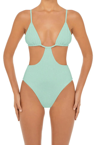 C1020# Solid Plunge String Cut Out High Cut One Piece Swimsuit