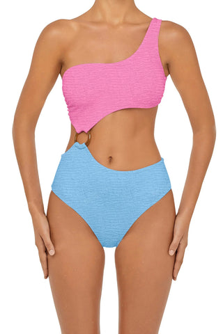 C1021# Solid Bandeau One Shoulder Cut Out One Piece Swimsuit