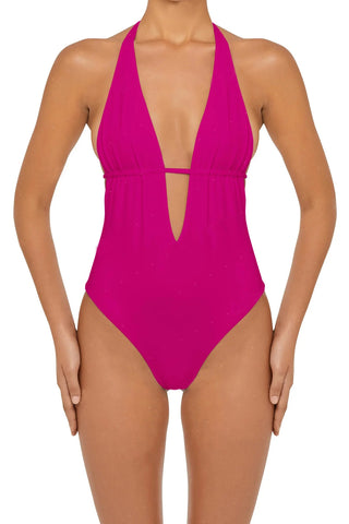 C1024# Solid Plunge Back Hook Closure Ringed Cut Out One Piece Swimsuit