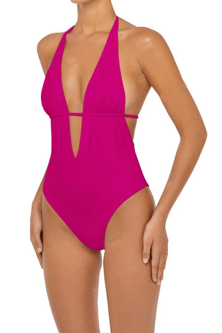 C1024# Solid Plunge Back Hook Closure Ringed Cut Out One Piece Swimsuit