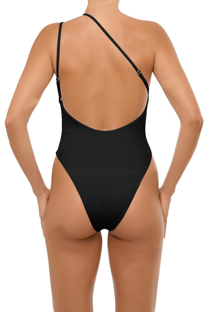 C1028# Solid Front Ring Classic Back Cut Out High Cut One Piece Swimsuit