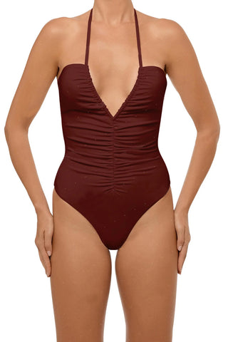 C1038# Plunge Striped Scoop Back String Cut Out One Piece Swimsuit