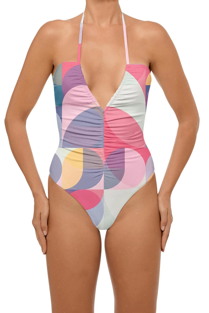 C1038# Plunge Striped Scoop Back String Cut Out One Piece Swimsuit