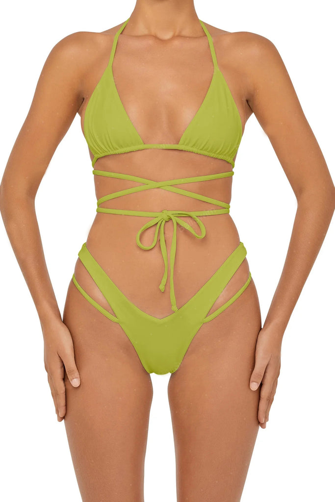 C1035# Solid String Ringed Brazilian Triangle & 3/4 Pucker Bikini Set