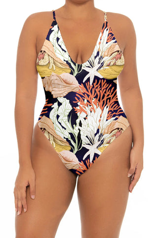 Classic Printed Plus Size V Neck Adjustable Straps One Piece Swimsuit